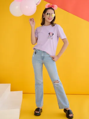 Low Profile Collar Smooth Jersey Texture Madame Disney Mickey Mouse Printed Regular Mauve T-Shirt