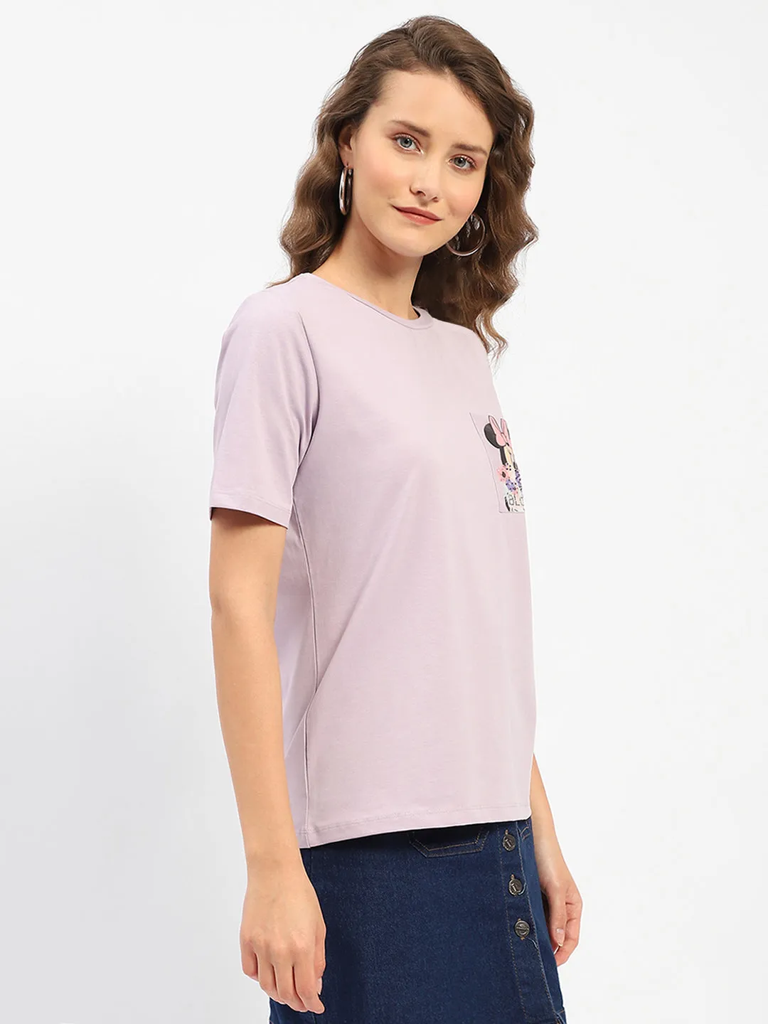 Summer Favorite Sleek Design Madame Disney Mickey Mouse Printed Regular Mauve T-Shirt