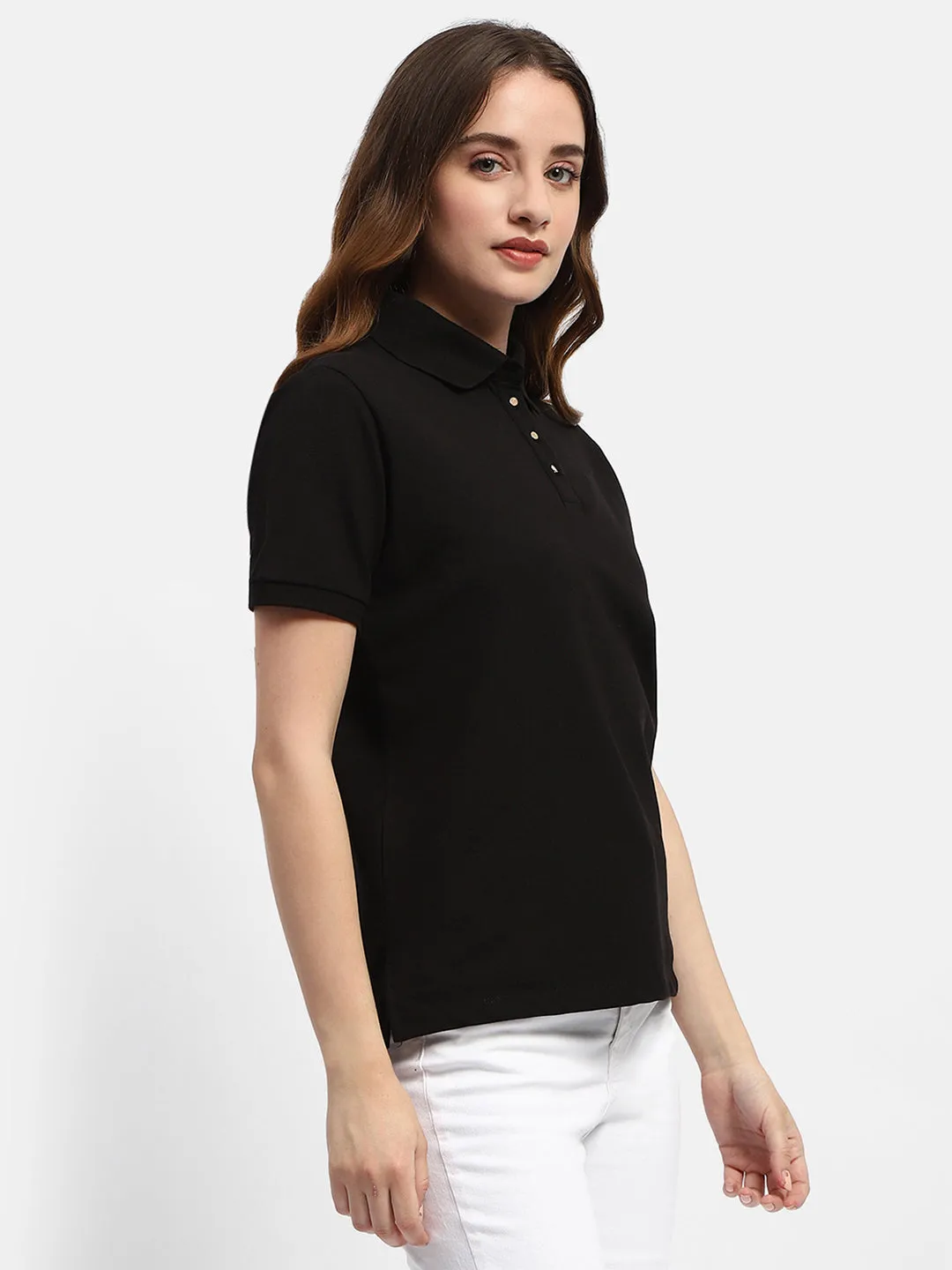 Madame Solid Black Polo Neck T-Shirt Comfy Style