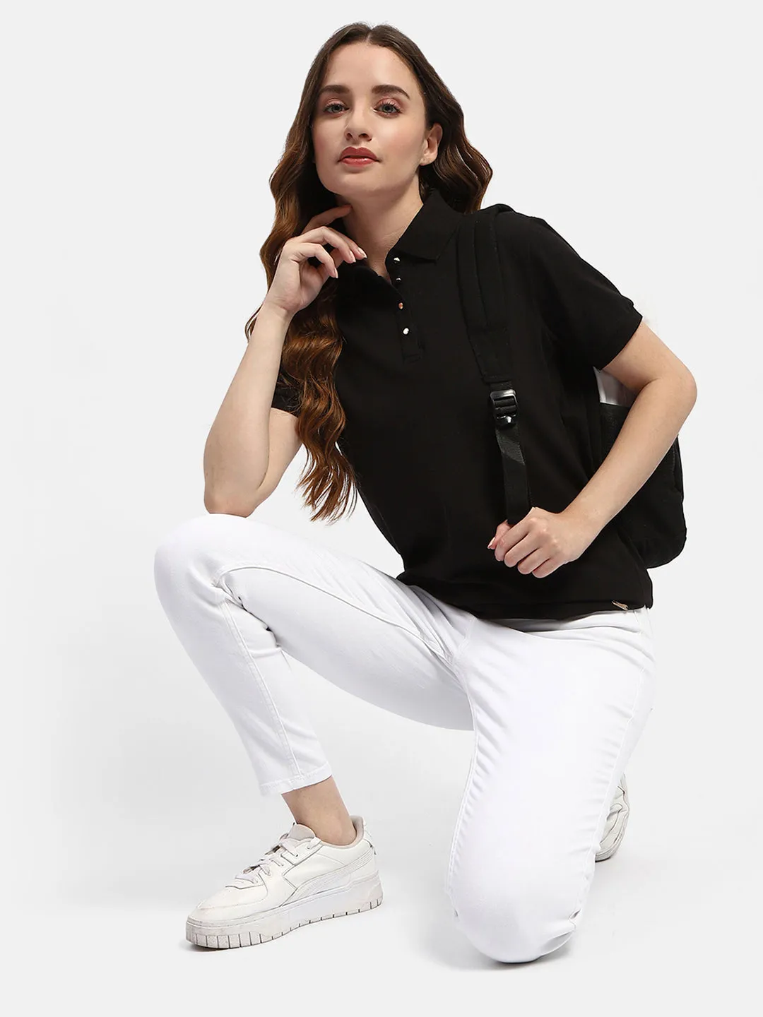 quick dry Madame Solid Black Polo Neck T-Shirt
