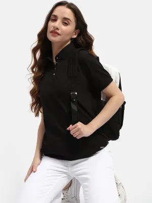 Madame Solid Black Polo Neck T-Shirt Everyday Wearable Cool Vibes