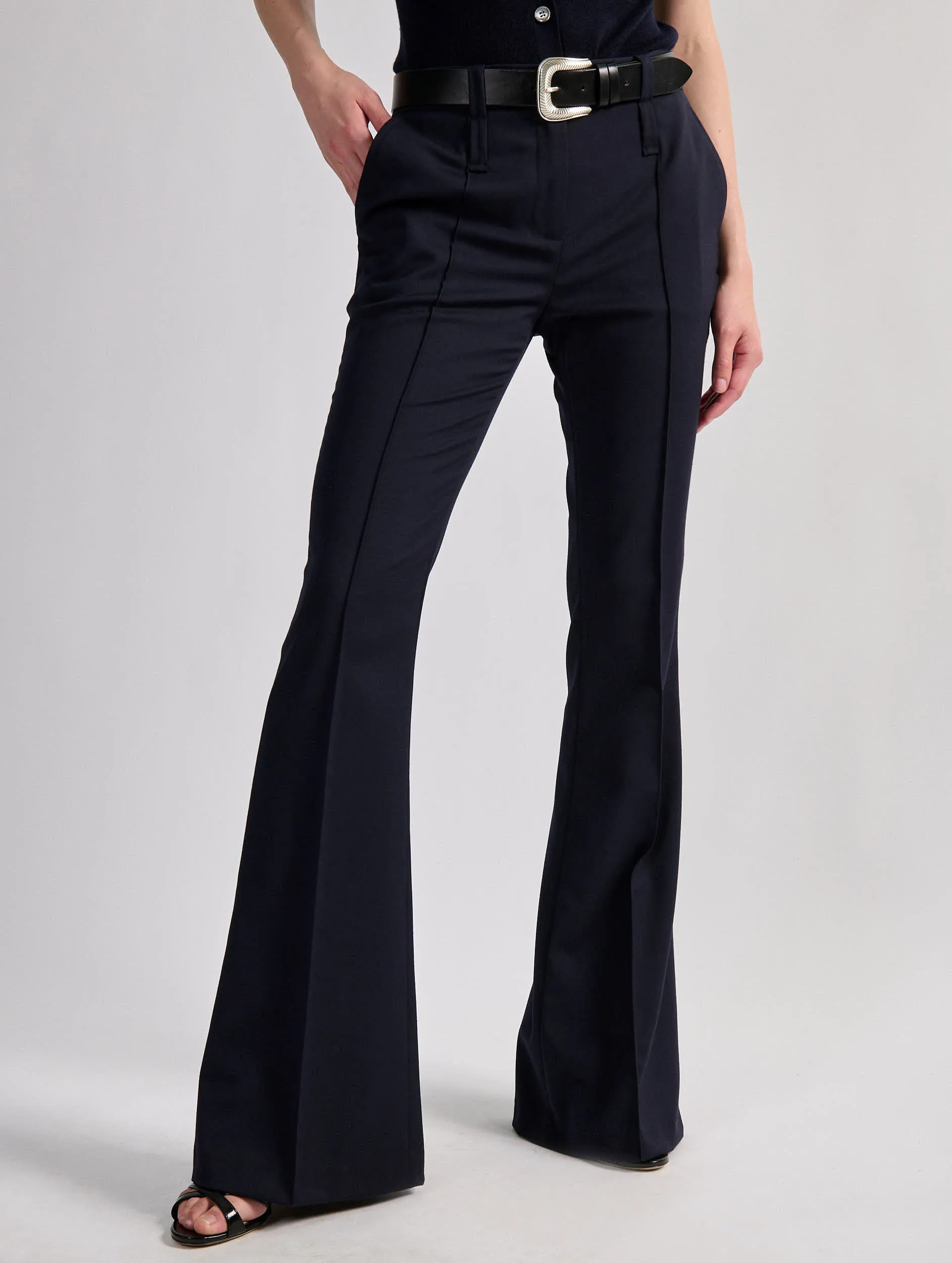 Navy stretch wool gabardine bootleg trousers Organic Cotton