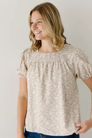 'Bernice' Floral Print Square Neck Top in Taupe Cool Comfort Matte Finish Non Restrictive Fit