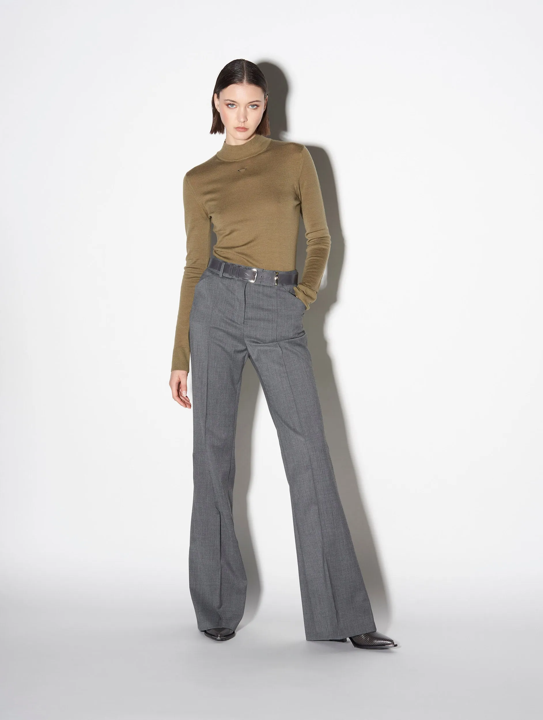 BreathableMeshLining Grey stretch wool flared trousers