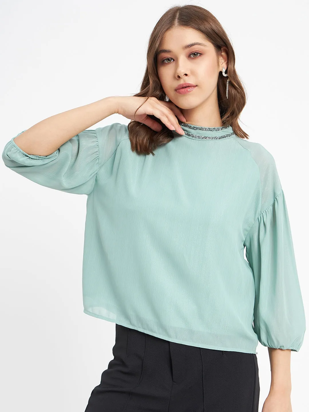 Myth Glow Adjustable Waistband Madame Embellished Neckline Turtle Neck Solid Mint Green Top