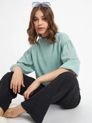 WaterRepellentSurface Madame Embellished Neckline Turtle Neck Solid Mint Green Top