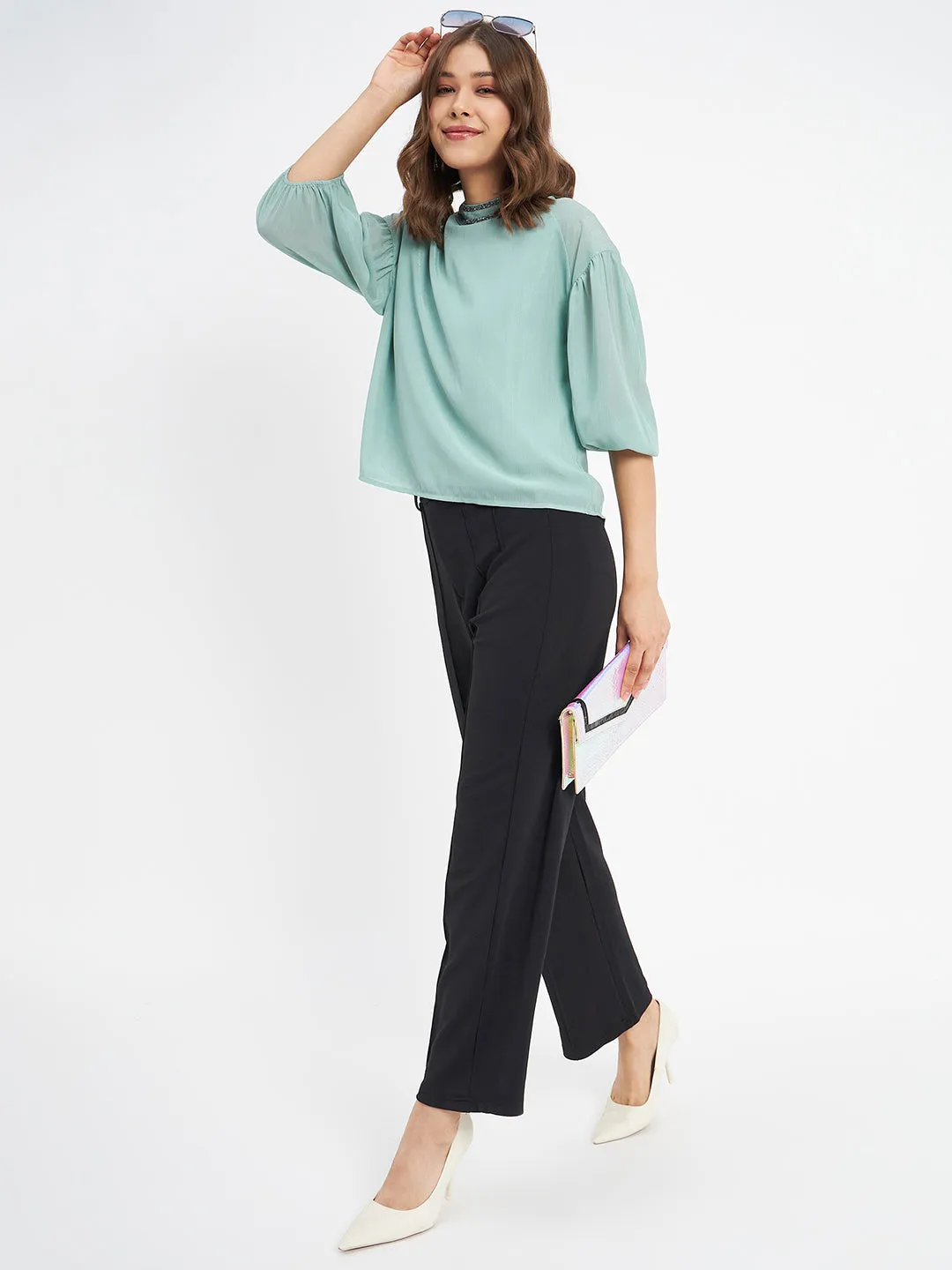 Business Wear Madame Embellished Neckline Turtle Neck Solid Mint Green Top