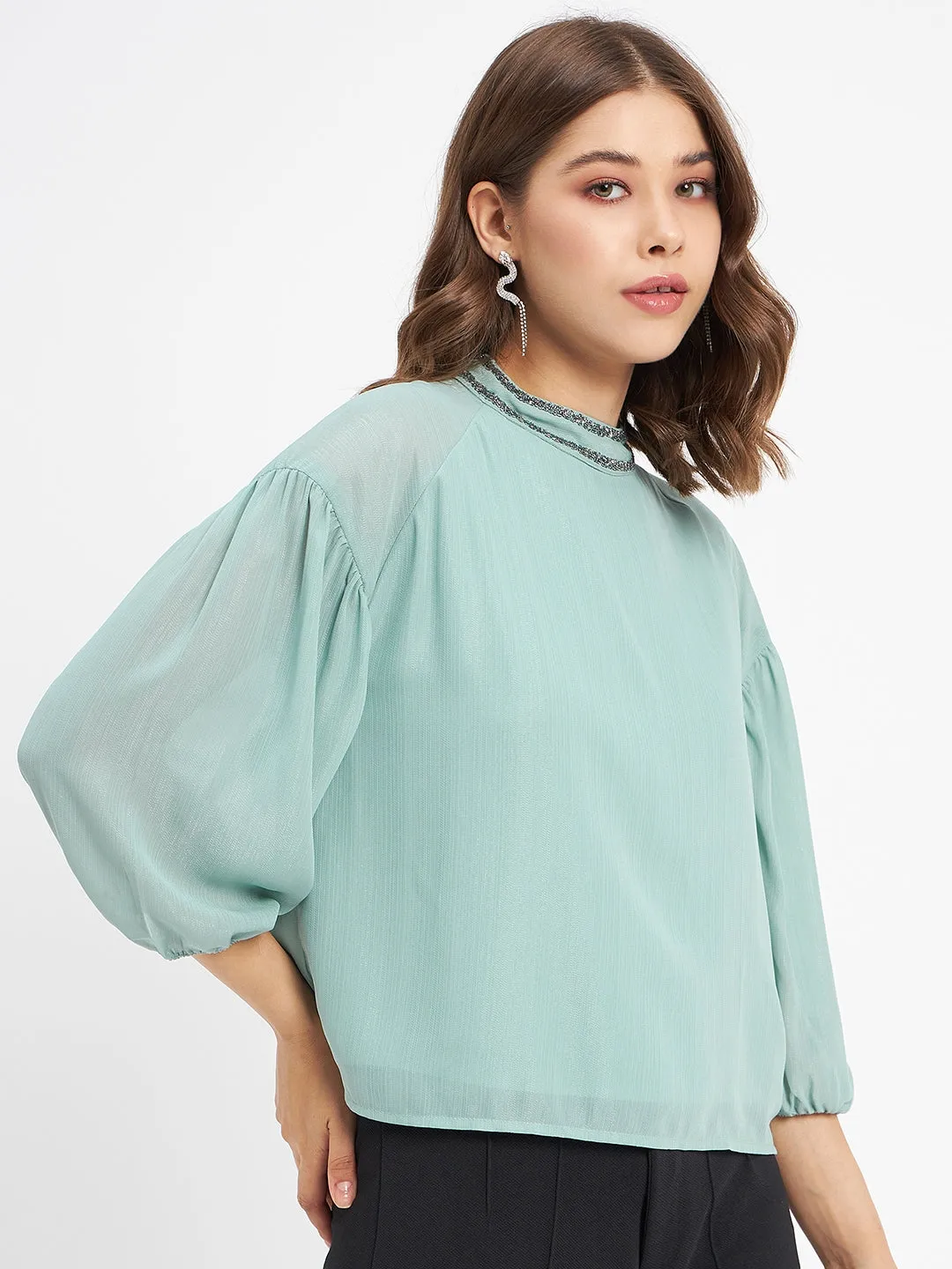 Madame Embellished Neckline Turtle Neck Solid Mint Green Top DoubleLayered Fabric