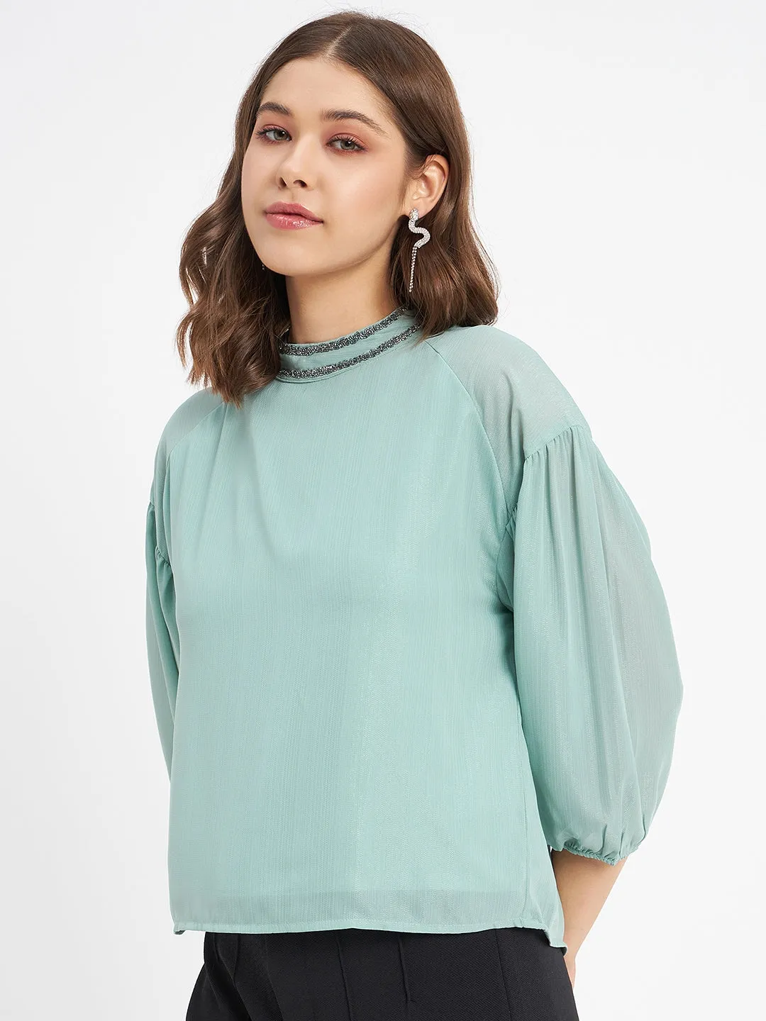 Madame Embellished Neckline Turtle Neck Solid Mint Green Top Casual Style
