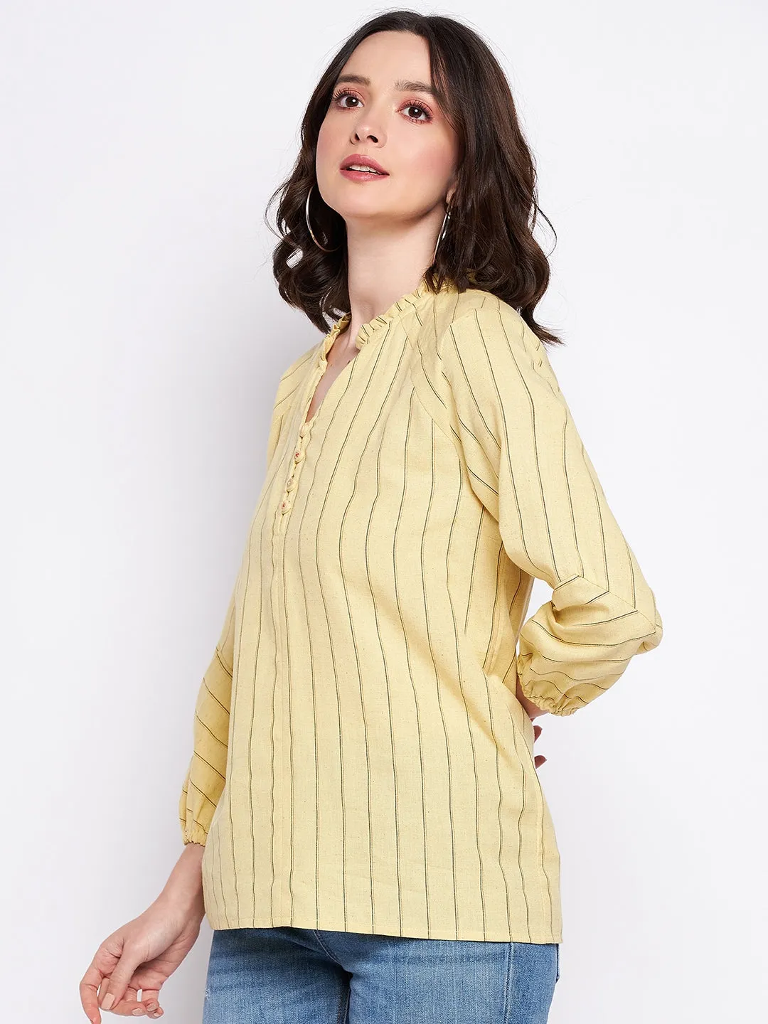 Madame Mustard Frill-Neckline Striped Top NonIrritatingSeams Winter Wear