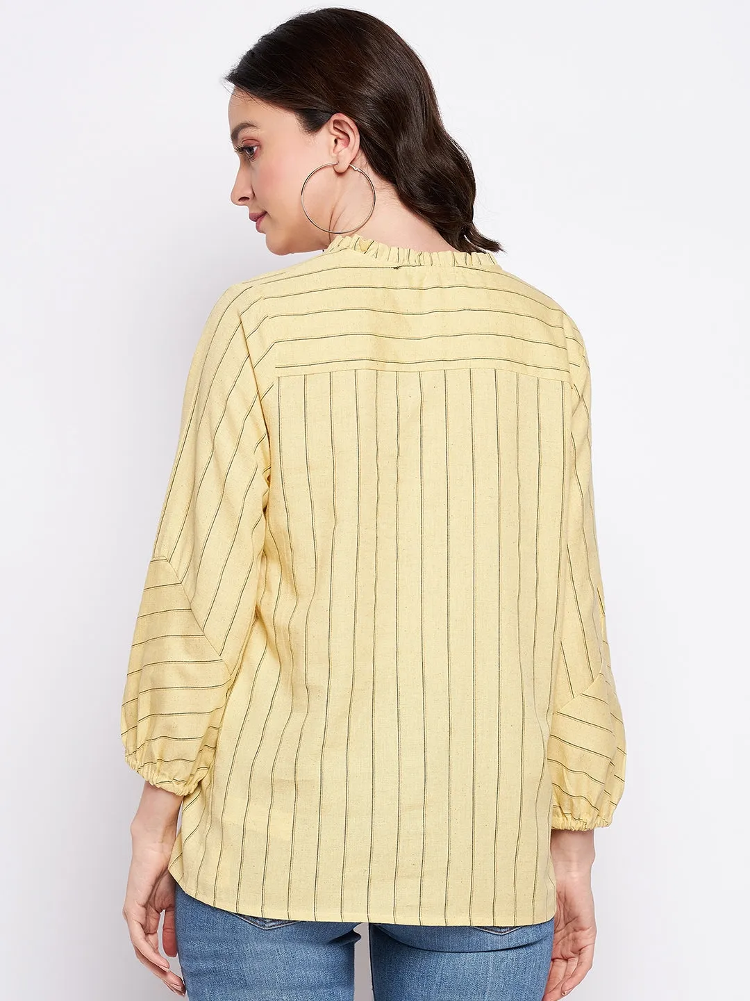 Madame Mustard Frill-Neckline Striped Top Layered Paneling