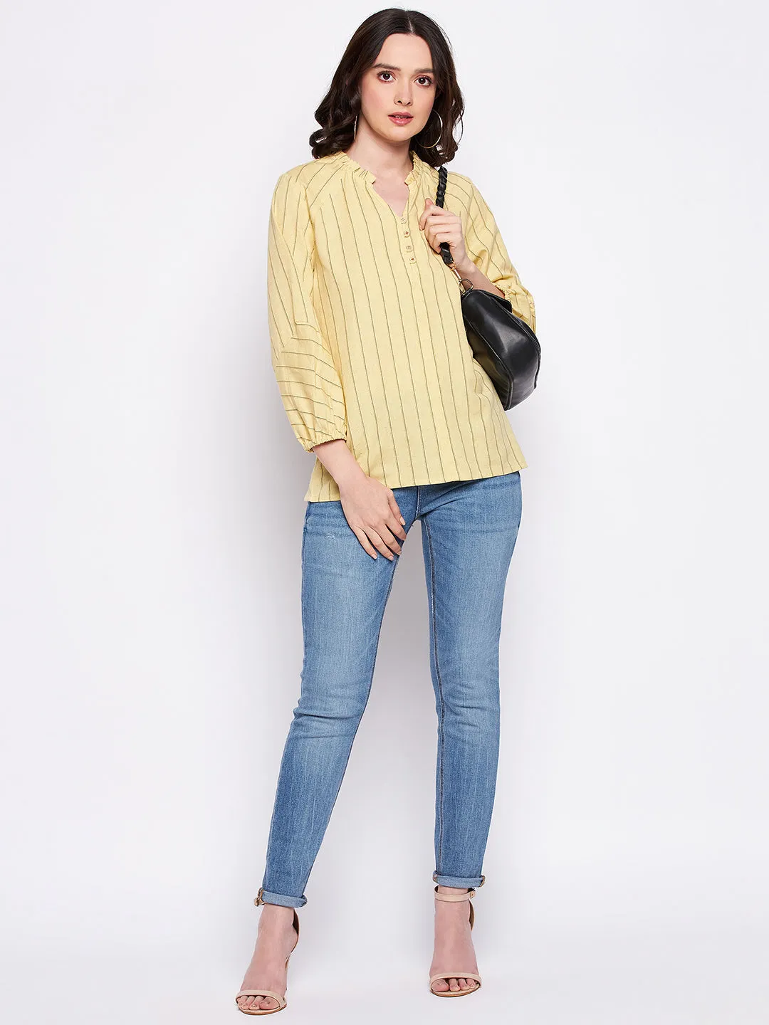 Madame Mustard Frill-Neckline Striped Top FadeResistantColors