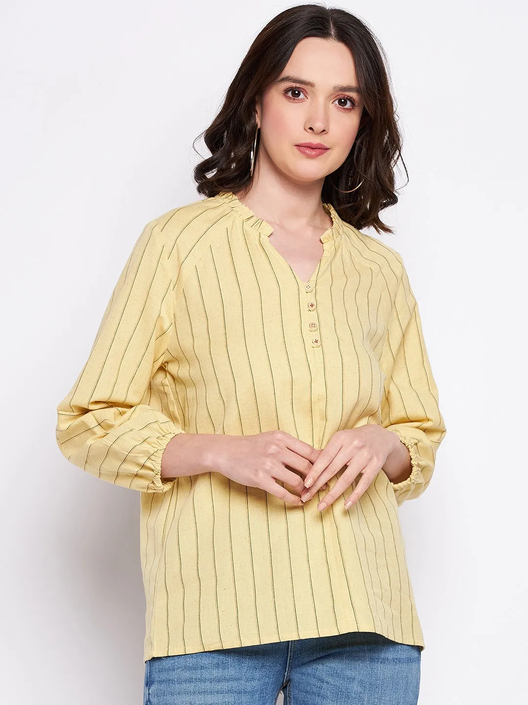 Wind Block Sustain Glow Madame Mustard Frill-Neckline Striped Top