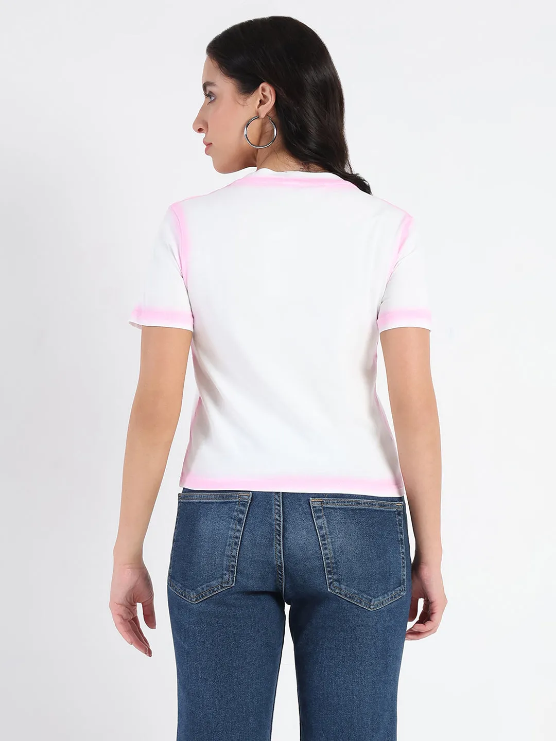 Madame Spray Painted Embellished Pink Cotton Crop T-shirt Casual Chic