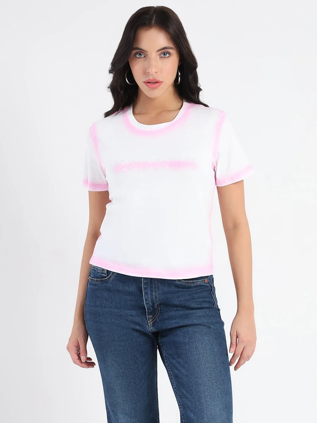 Madame Spray Painted Embellished Pink Cotton Crop T-shirt Soft & Smooth outdoor concert