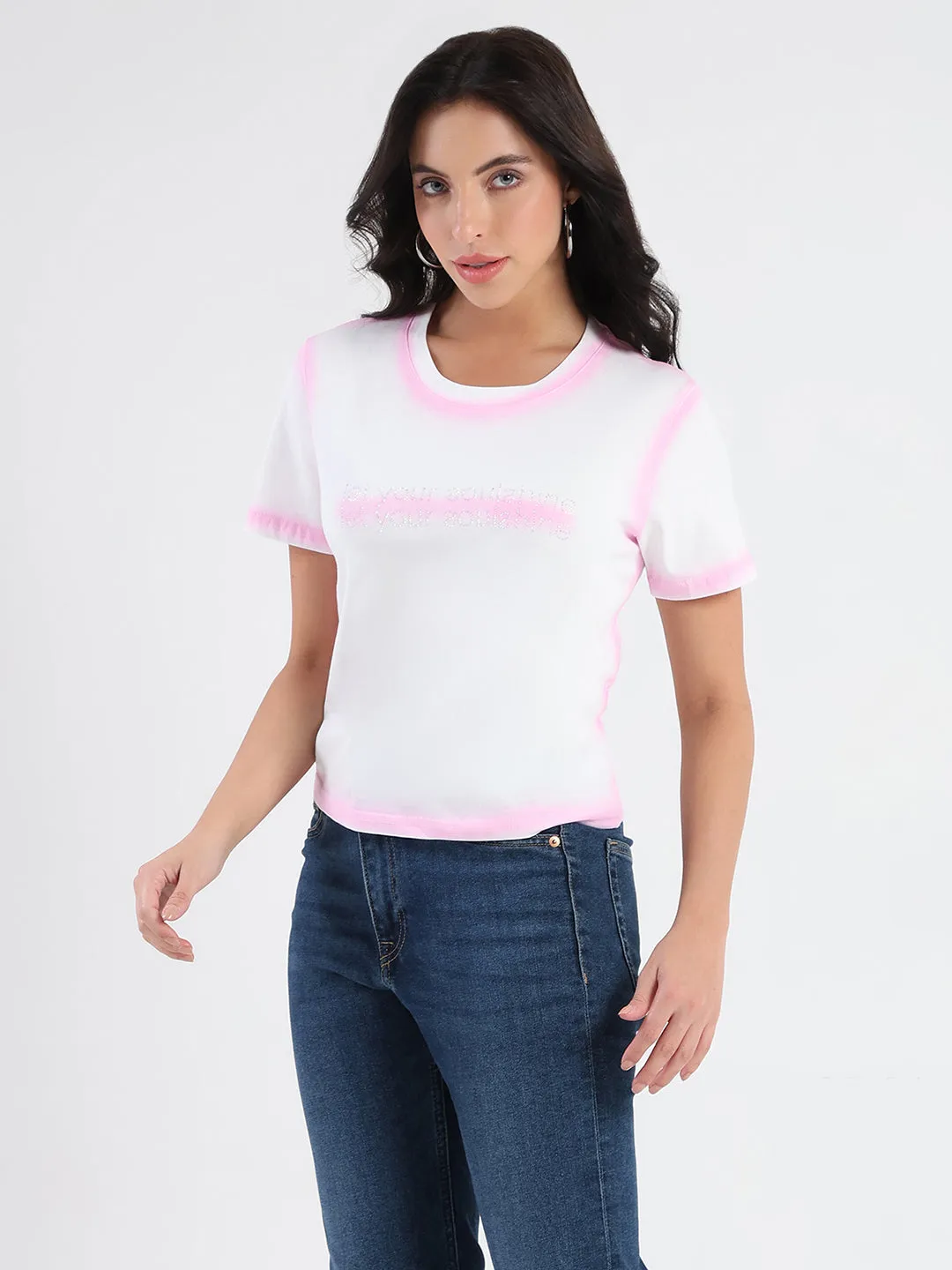 Madame Spray Painted Embellished Pink Cotton Crop T-shirt right size