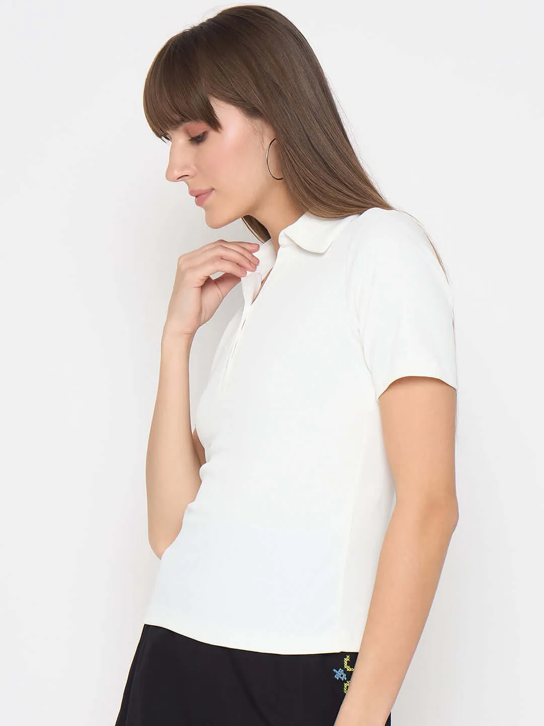 Casual Vibes Unique Design Madame Pique Solid White Polo T-shirt