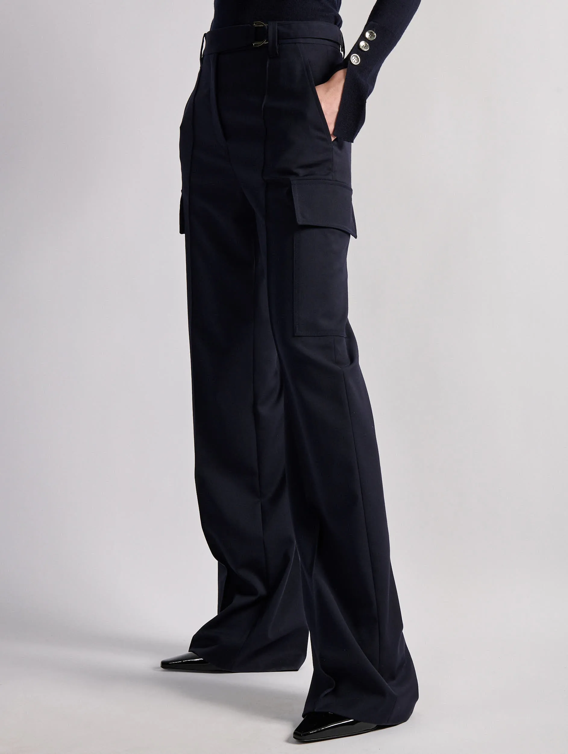 ReinforcedPockets Navy stretch wool gabardine cargo trousers