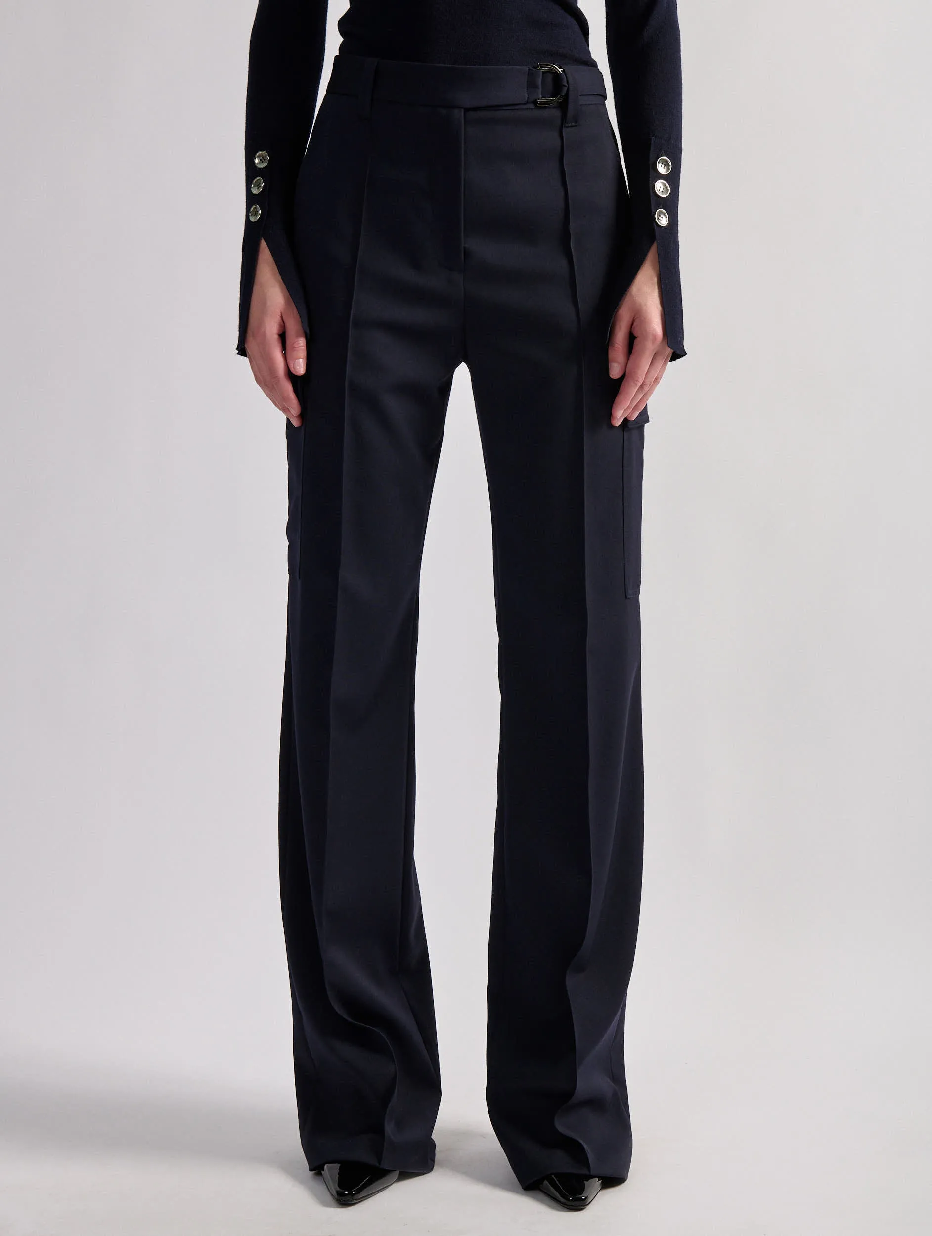 Navy stretch wool gabardine cargo trousers Ripstop Fabric Technology