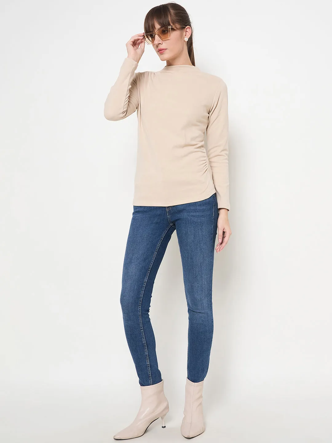 Garden Ease Clean Cut Madame Funnel Neck Full Sleeve Seam Detailed Solid Beige Knitted Top