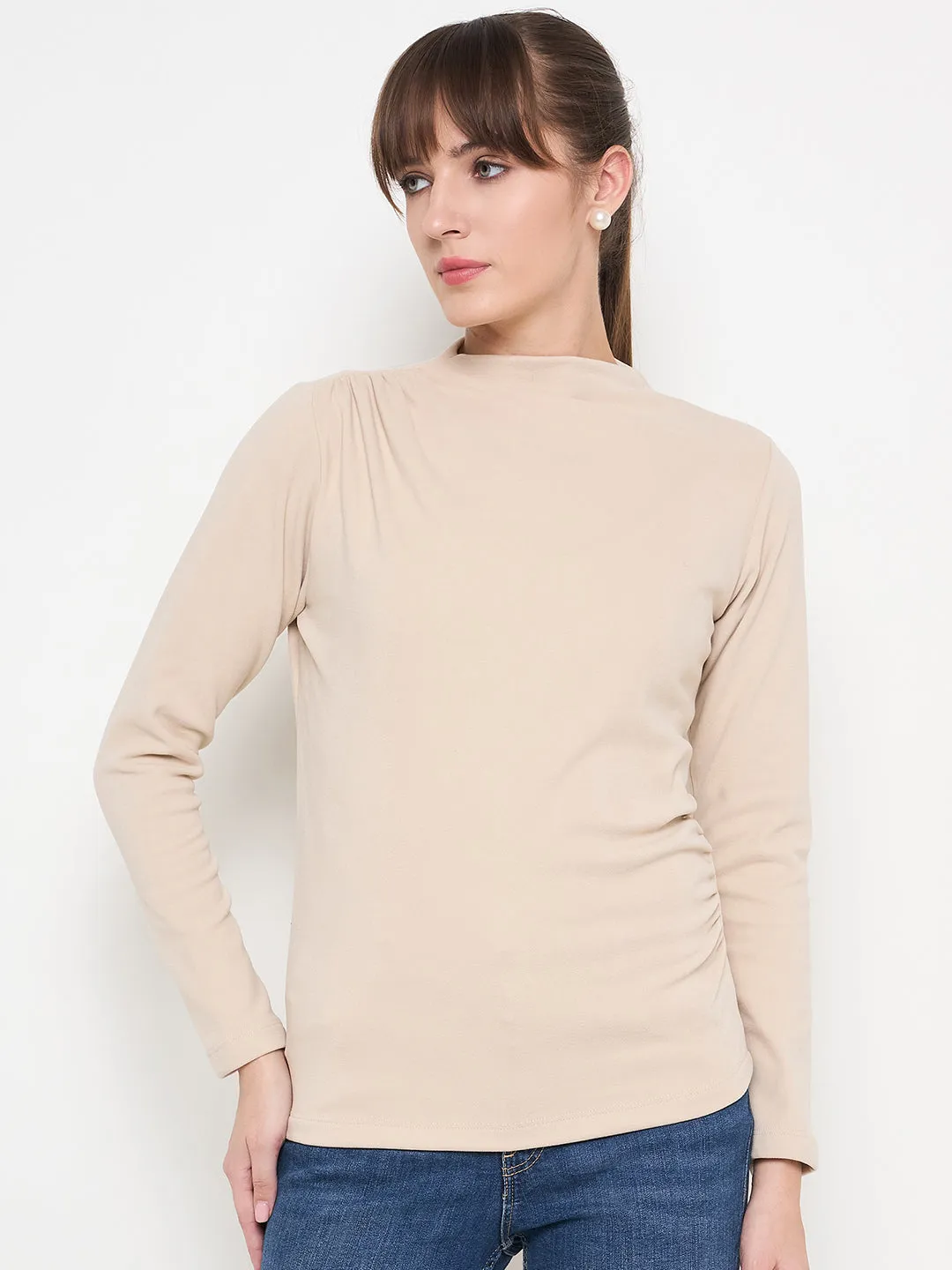 Madame Funnel Neck Full Sleeve Seam Detailed Solid Beige Knitted Top slim fit Cold Weather