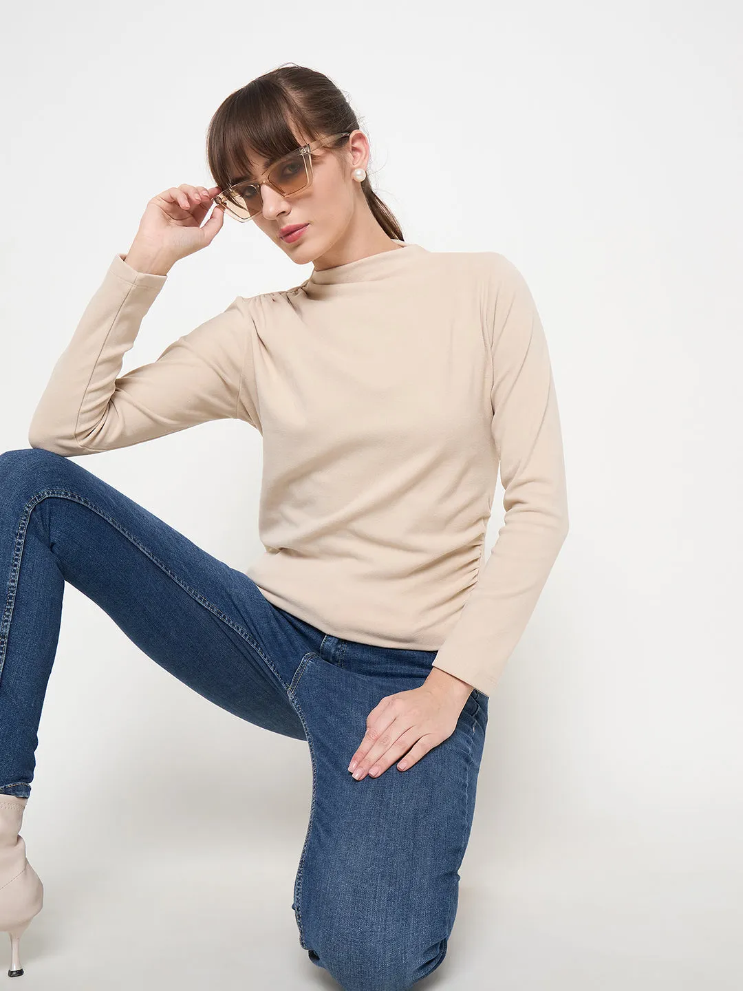 Madame Funnel Neck Full Sleeve Seam Detailed Solid Beige Knitted Top NonRestrictiveFit Light Layer