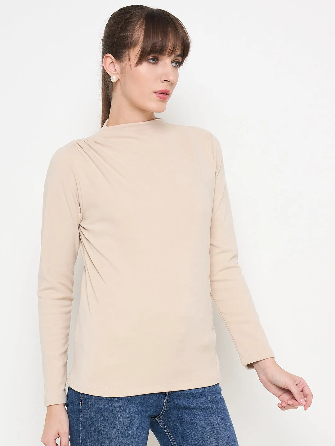 RipstopFabric Comfy Fashion Madame Funnel Neck Full Sleeve Seam Detailed Solid Beige Knitted Top