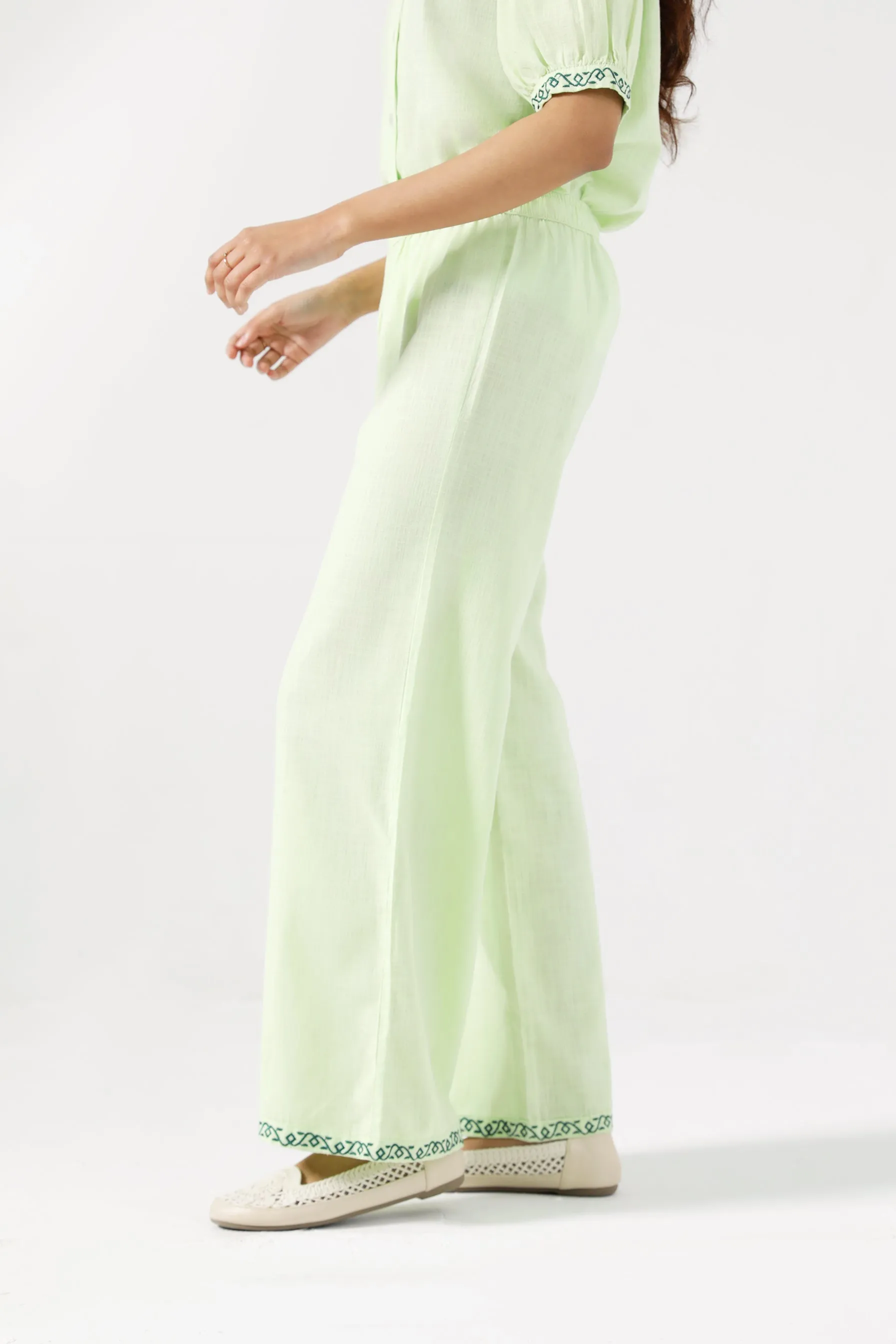 EMBROIDERED WIDE LEG TROUSERS Rubberized Hem