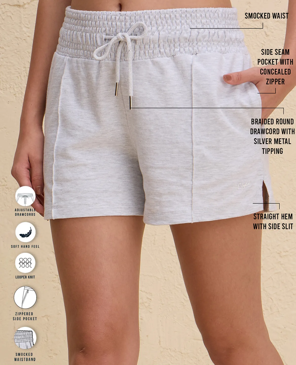 t shirt Nykd By Nykaa Summer Essential Smocked Waist Lounge Cotton Terry Shorts -NYLE603-Grey Melange