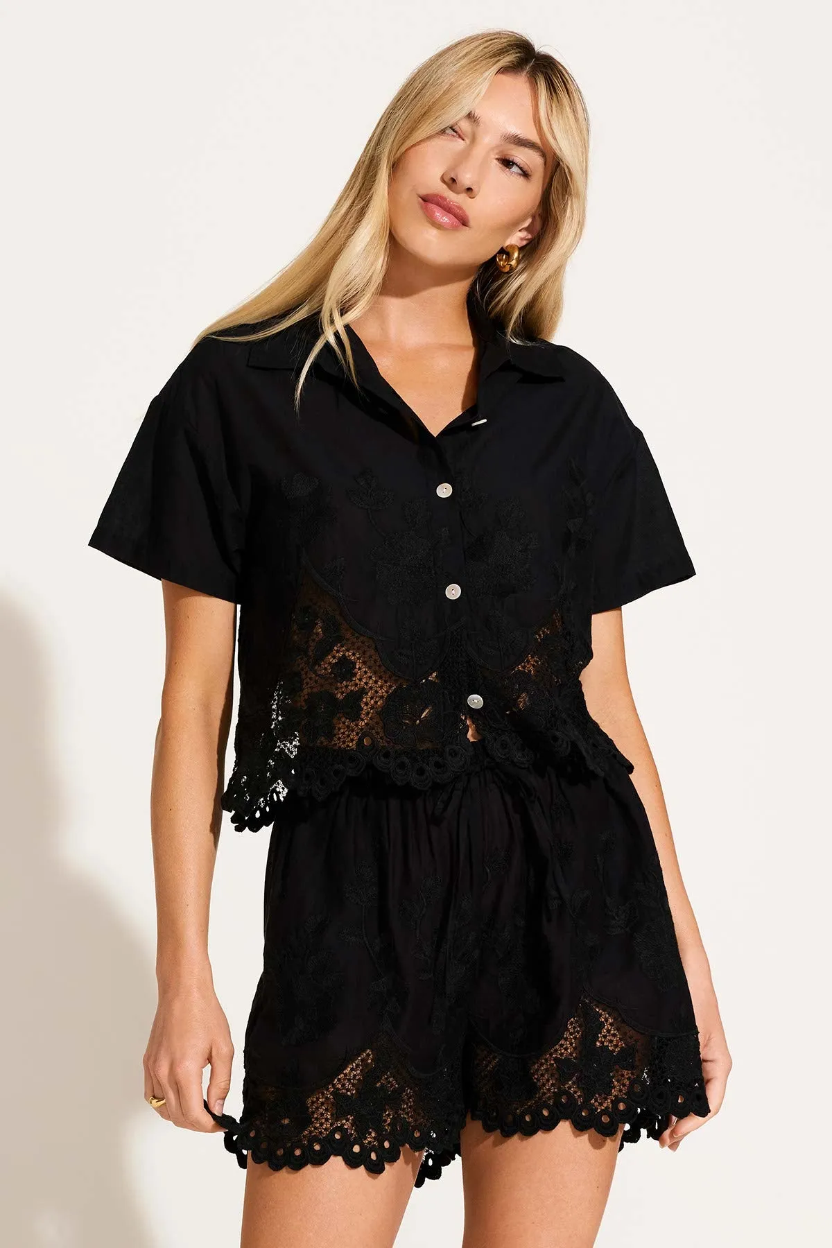 Flora Short - Black Beachside Broderie Low Profile Waistband lounging clothes