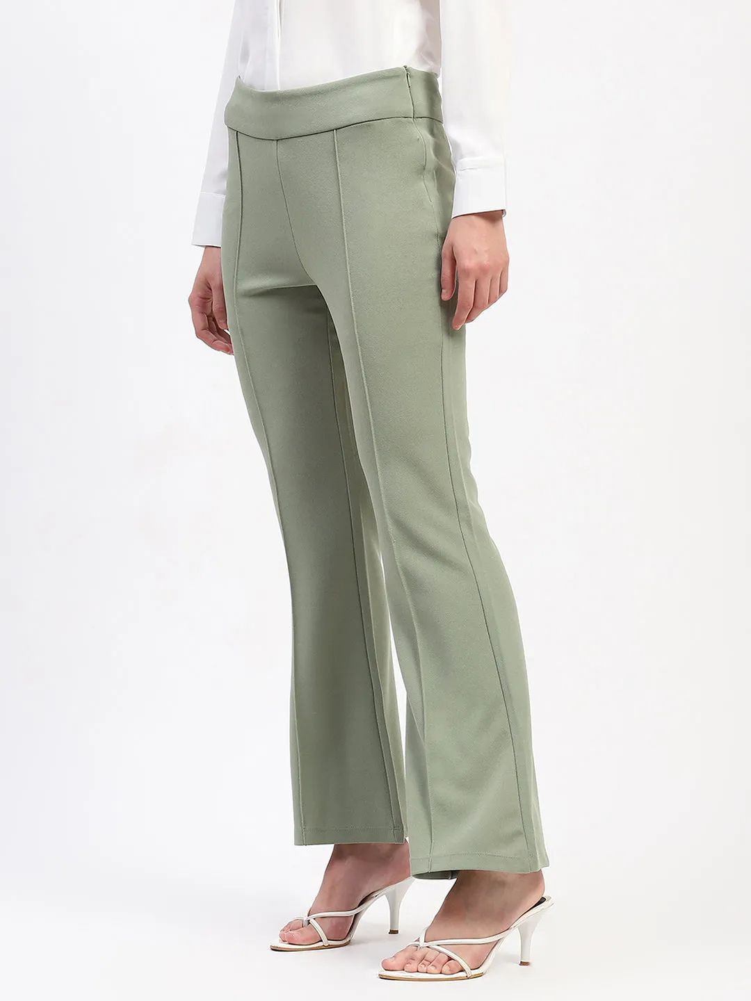 Madame Pleated Elasticated Waist Solid Mint Trousers Durable Fabric