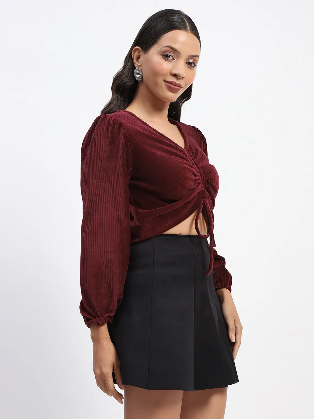 Madame Ruched V Neck Puff Sleeve Velvet Crop Top Stage Soul River Core