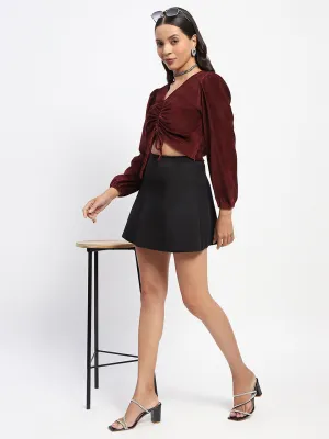 Madame Ruched V Neck Puff Sleeve Velvet Crop Top Vision Fit Sporty Design