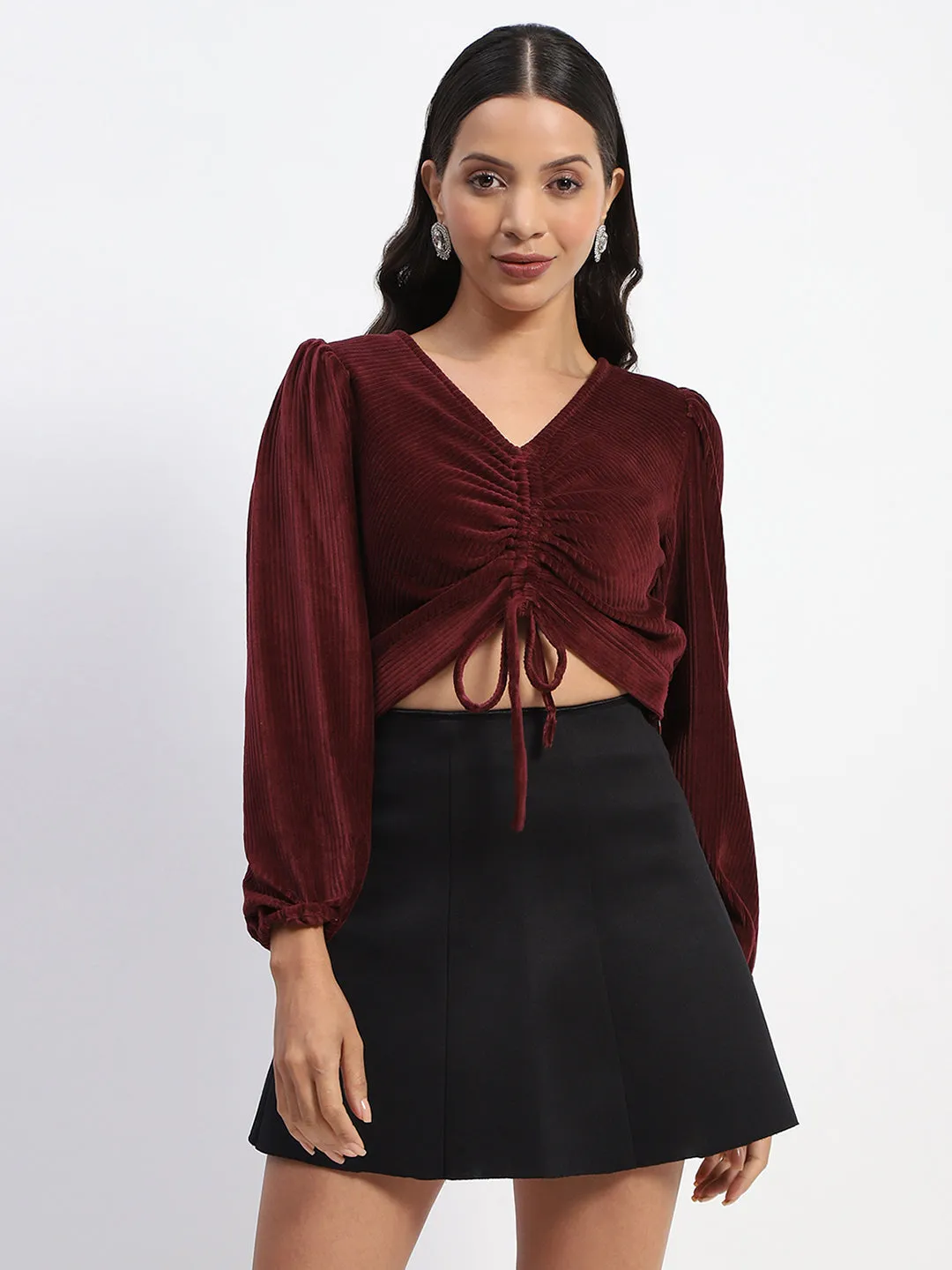 Madame Ruched V Neck Puff Sleeve Velvet Crop Top Zero Waste