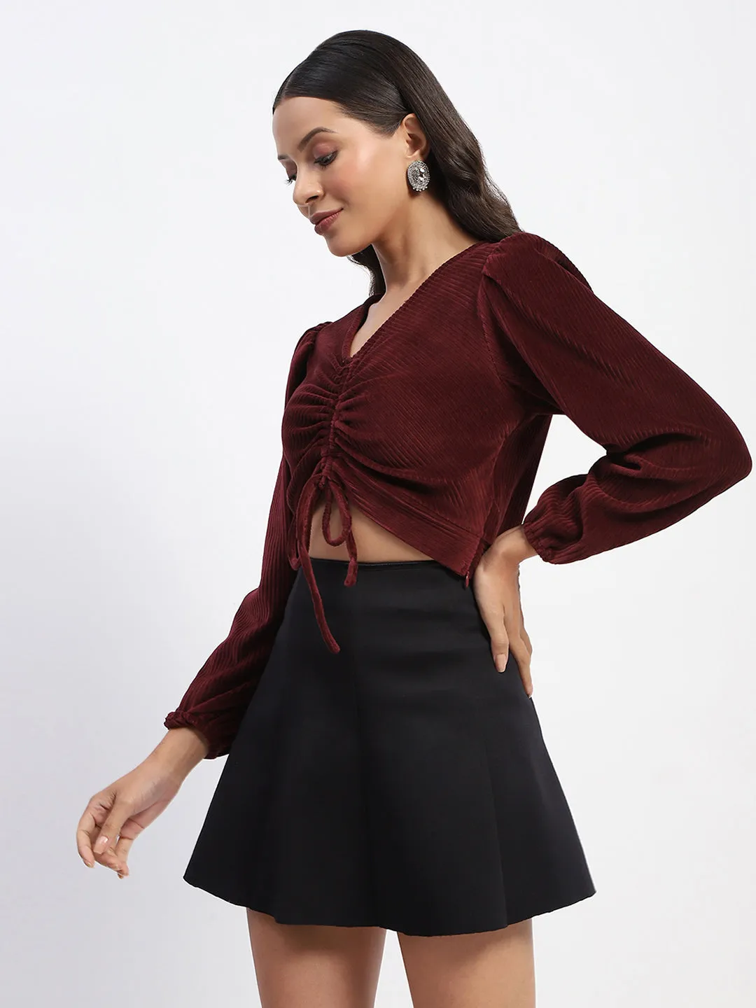 Madame Ruched V Neck Puff Sleeve Velvet Crop Top Metro Edge AdjustableWaist