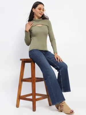 Madame Chest Cutout Green Ribbed Hi Neck Top FlexibleCollar Aura Core