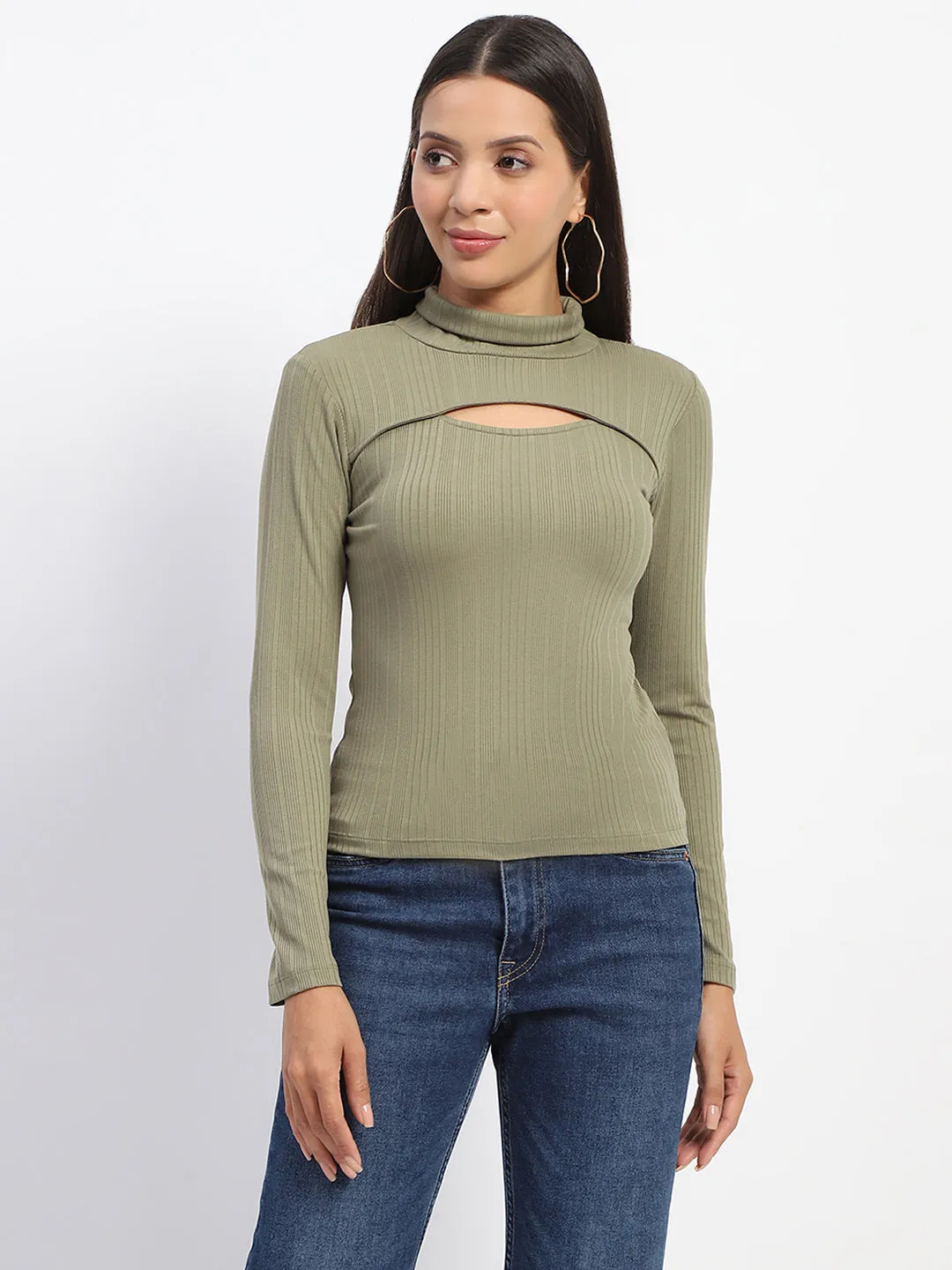 Ski Core Madame Chest Cutout Green Ribbed Hi Neck Top