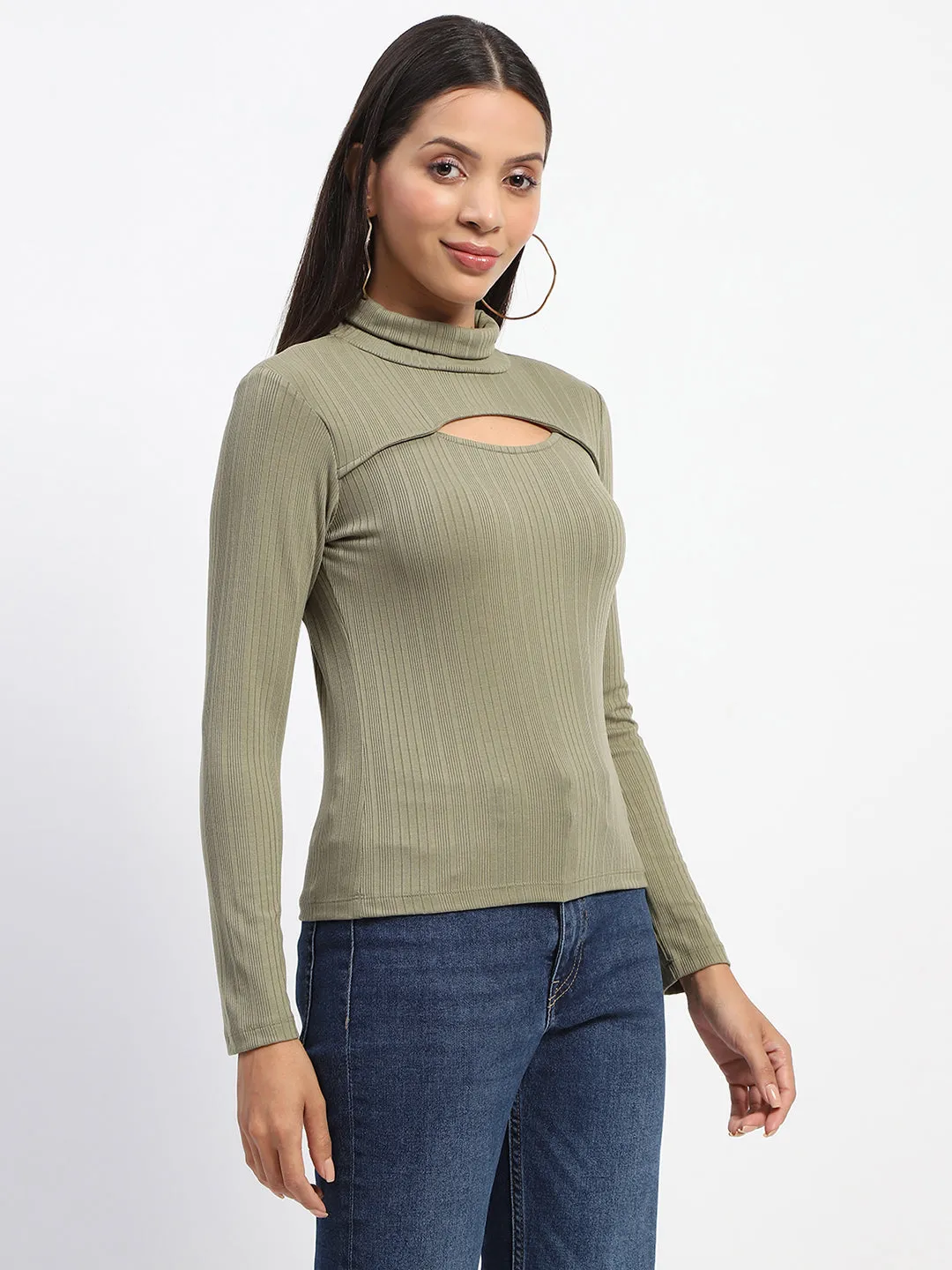 Madame Chest Cutout Green Ribbed Hi Neck Top Prince Core slim fit