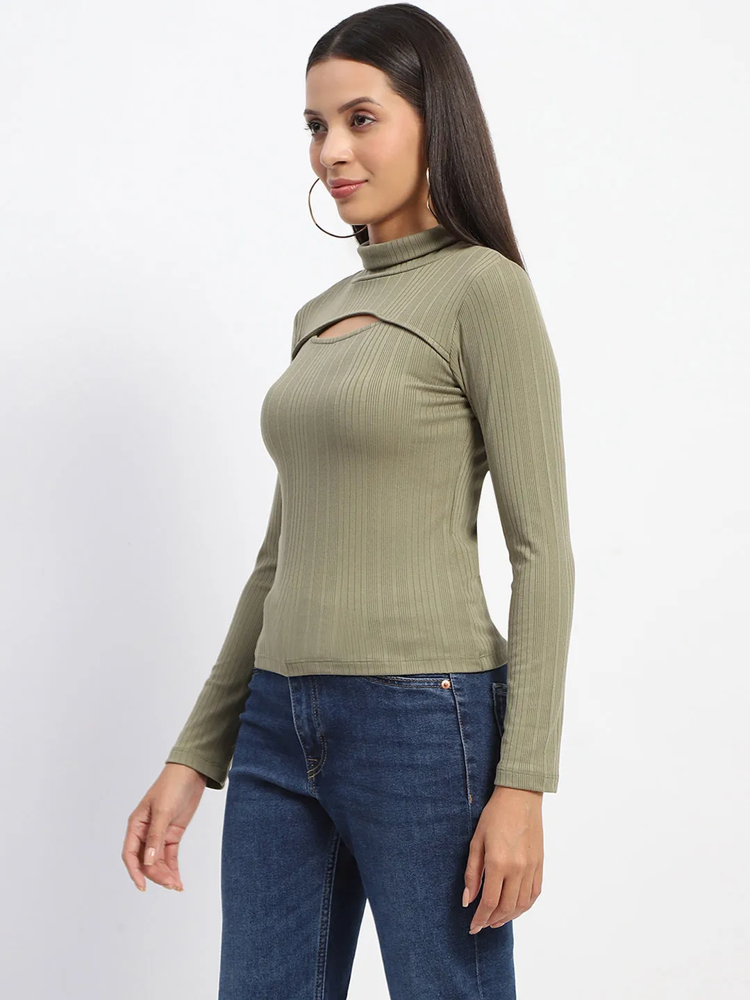 Zero Core Madame Chest Cutout Green Ribbed Hi Neck Top