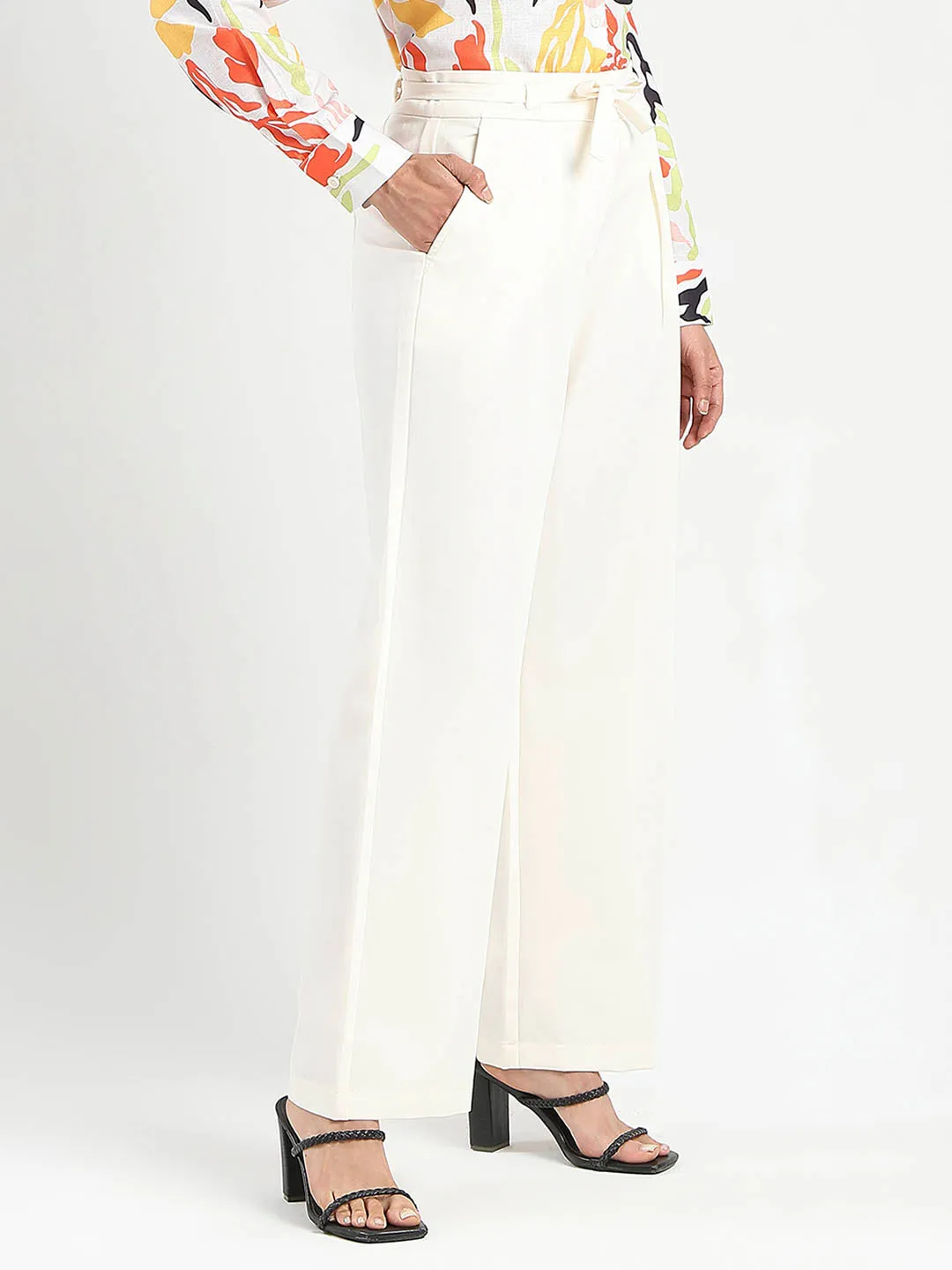 Madame Drawstring Waist Straight Fit Ivory Trousers Travel Ready