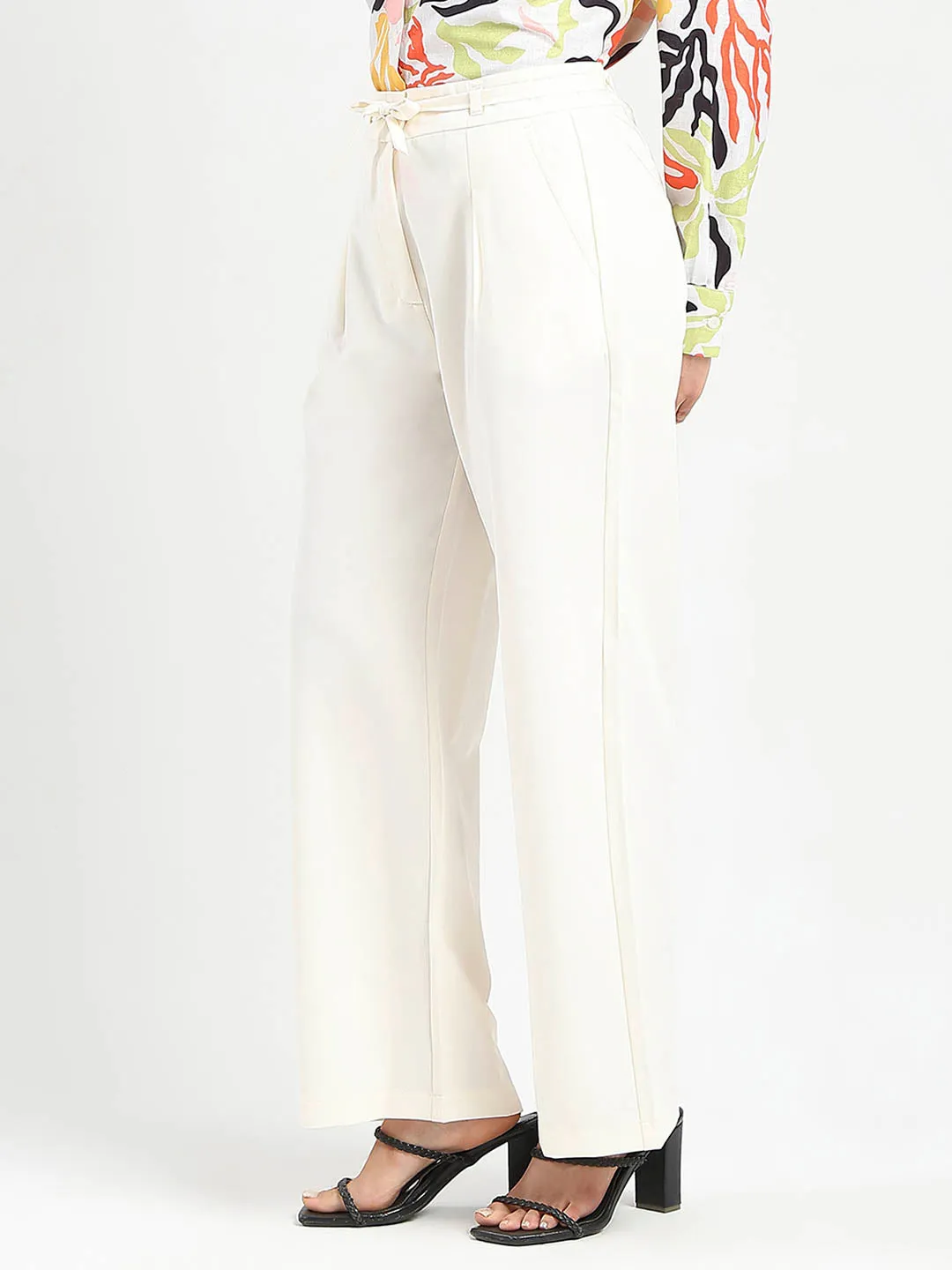 LowProfileStitching Stylish Cut Madame Drawstring Waist Straight Fit Ivory Trousers