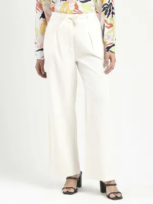 Functional Layer Striped Pattern Madame Drawstring Waist Straight Fit Ivory Trousers