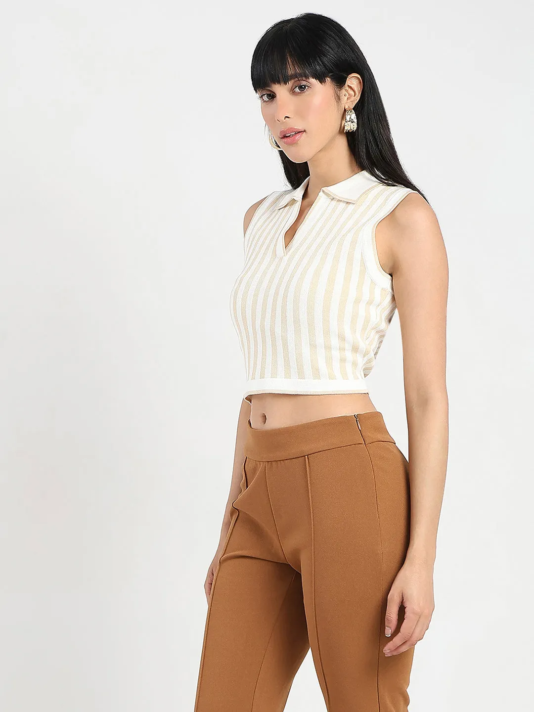 Spirit Core Madame Striped Wing Neck Beige Knitted Crop Top