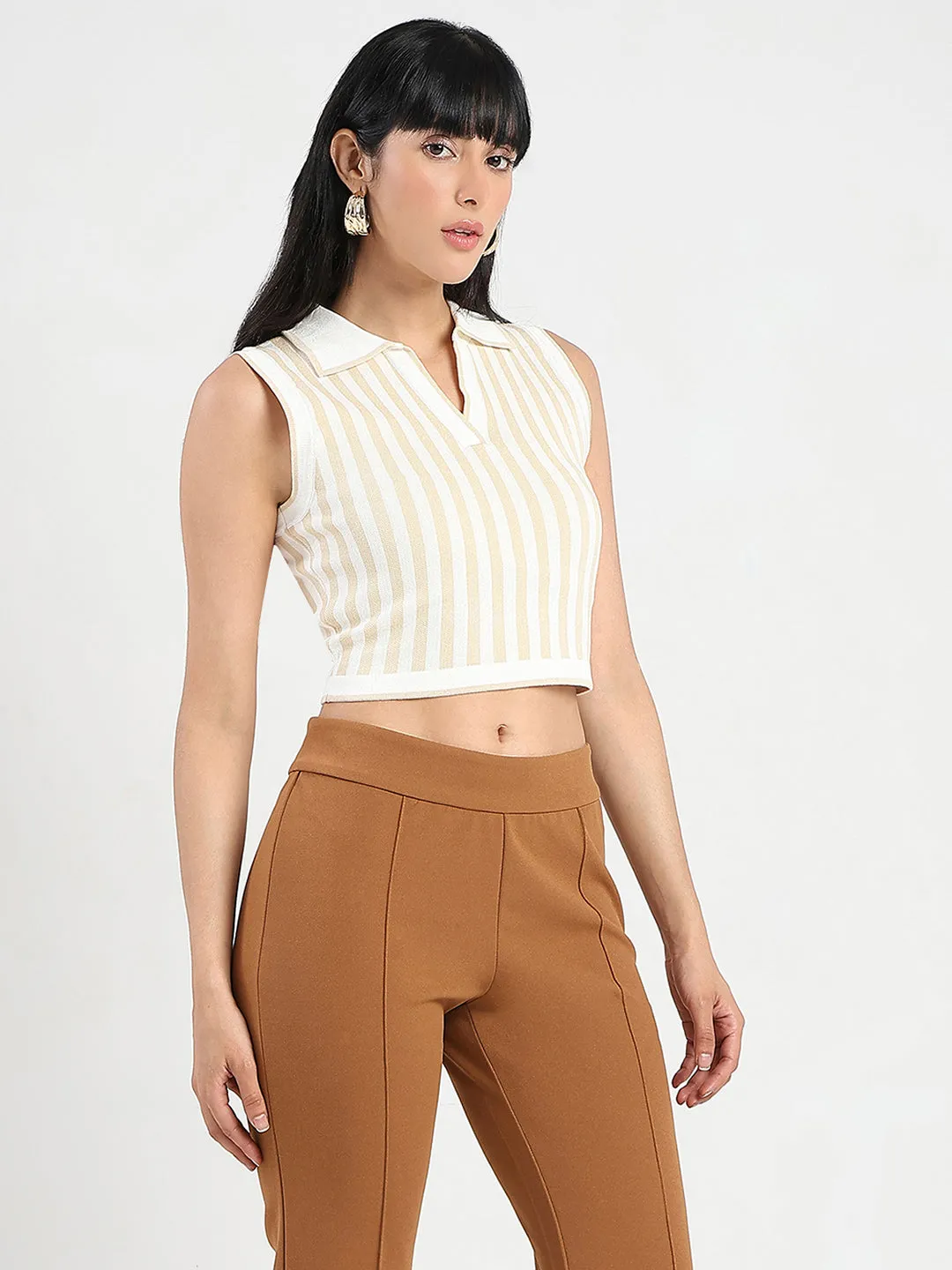 Classic Sweater Beach Fit Madame Striped Wing Neck Beige Knitted Crop Top