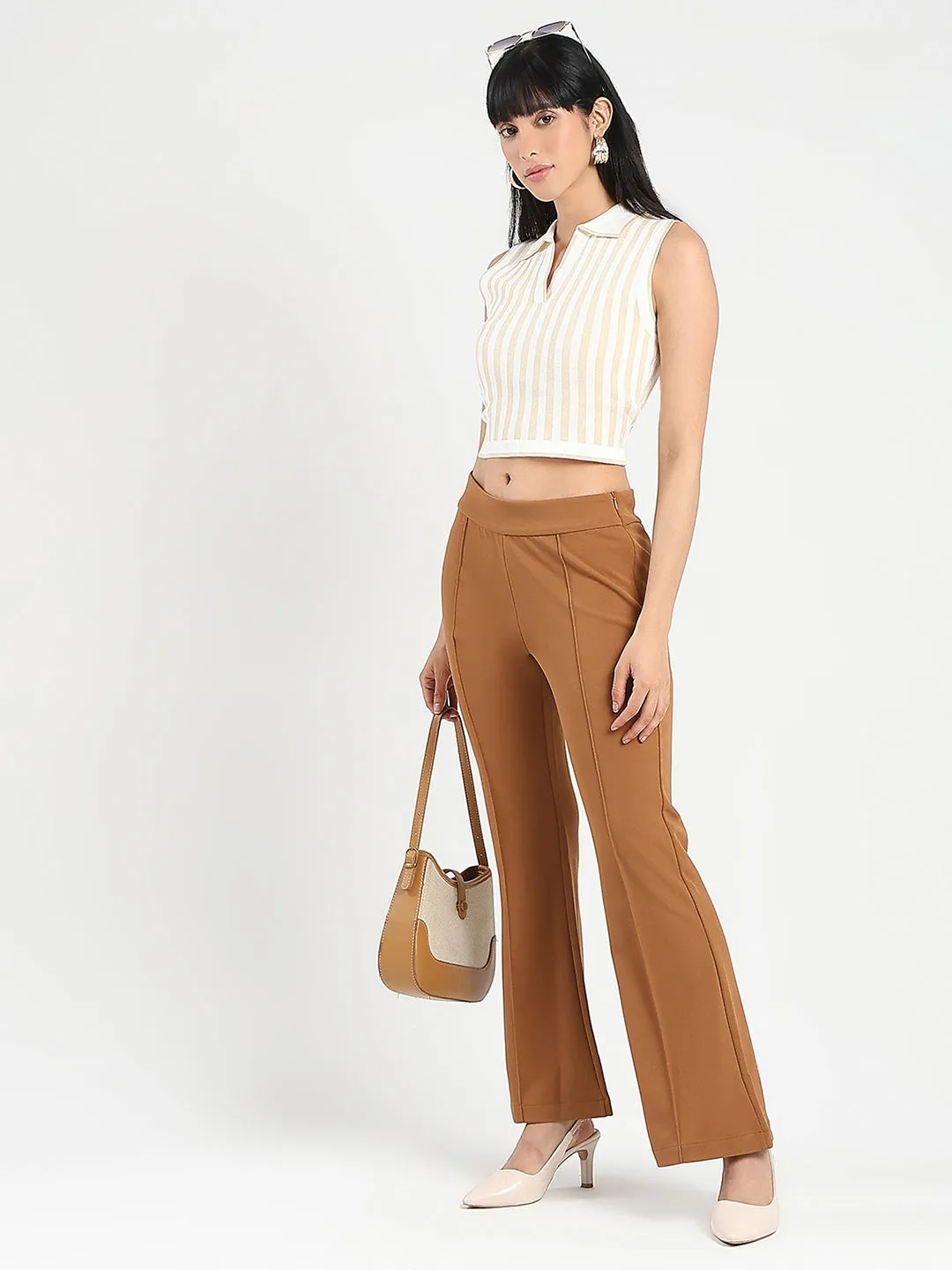Madame Striped Wing Neck Beige Knitted Crop Top Casual Shoes Stylish accessories