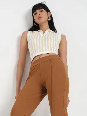 Poise Fit Madame Striped Wing Neck Beige Knitted Crop Top