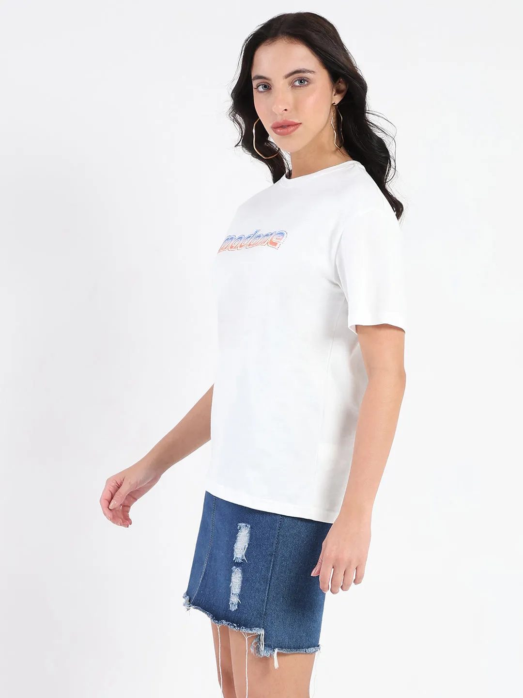 Casual Essential Madame Swarovski and Graphic Print White Cotton T-shirt
