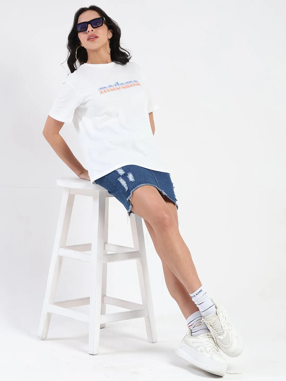 Madame Swarovski and Graphic Print White Cotton T-shirt Cozy and Light