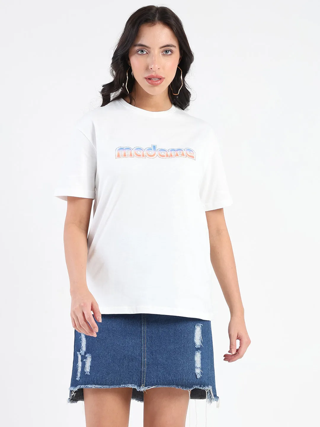 Madame Swarovski and Graphic Print White Cotton T-shirt Comfy Style AntiBacterialTreatment