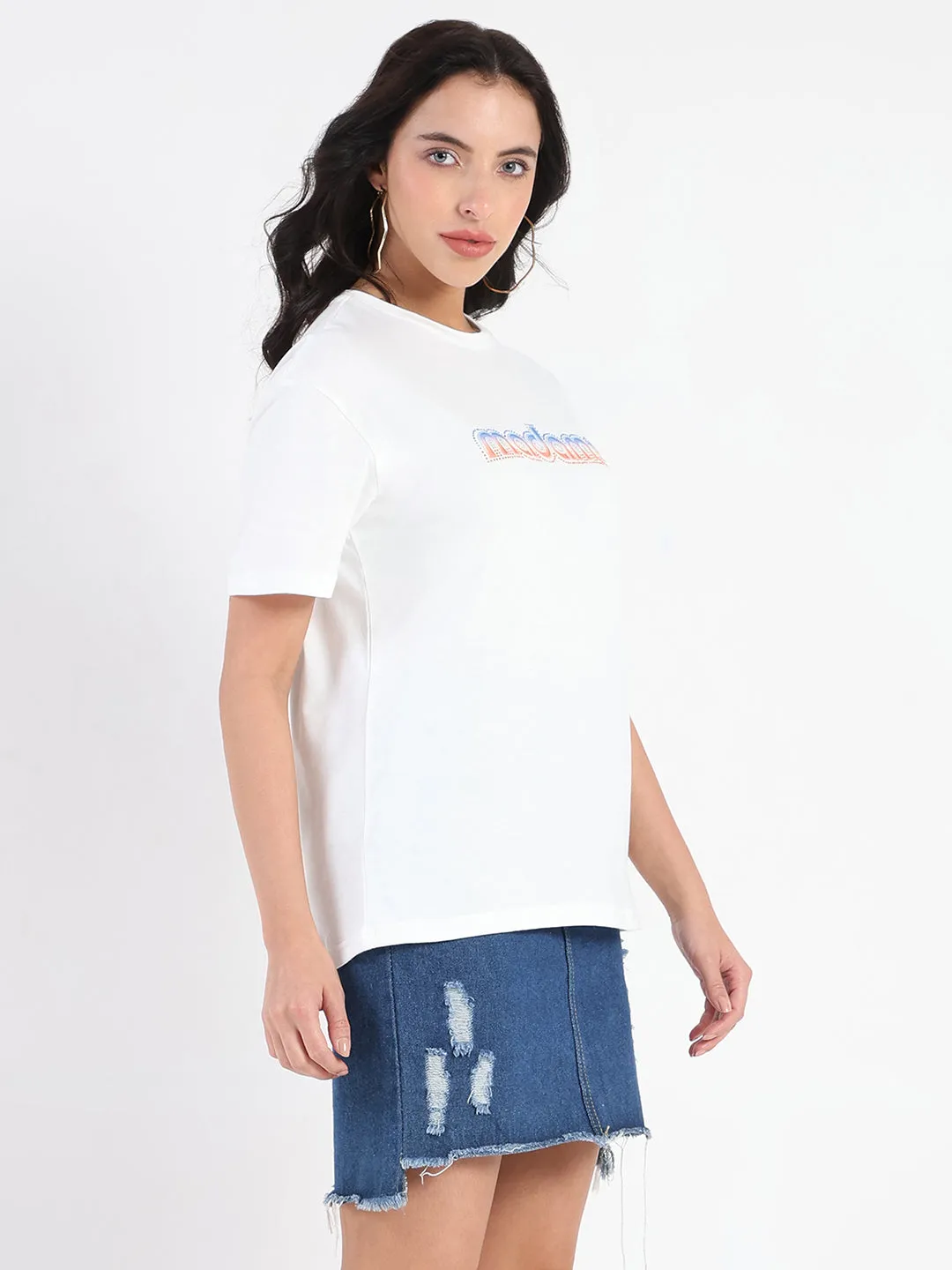 Retro Madame Swarovski and Graphic Print White Cotton T-shirt